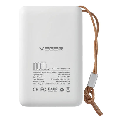 Externer Wireless-Akku Veger VP1151 / W1151, 10000mAh, 22.5W, QC + PD + FQI, 1 x QI - 1 x USB-A - 1 x USB-C, Weiß
