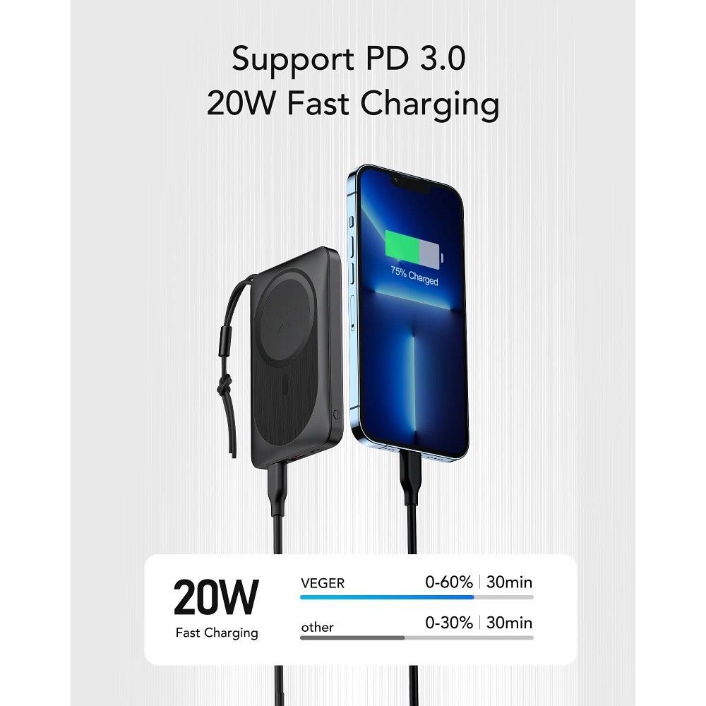 Externer Wireless-Akku Veger VP1151 / W1151, 10000mAh, 22.5W, QC + PD + FQI, 1 x QI - 1 x USB-A - 1 x USB-C, Schwarz