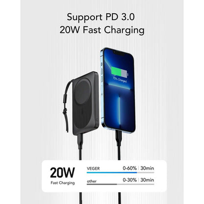 Externer Wireless-Akku Veger VP1151 / W1151, 10000mAh, 22.5W, QC + PD + FQI, 1 x QI - 1 x USB-A - 1 x USB-C, Schwarz