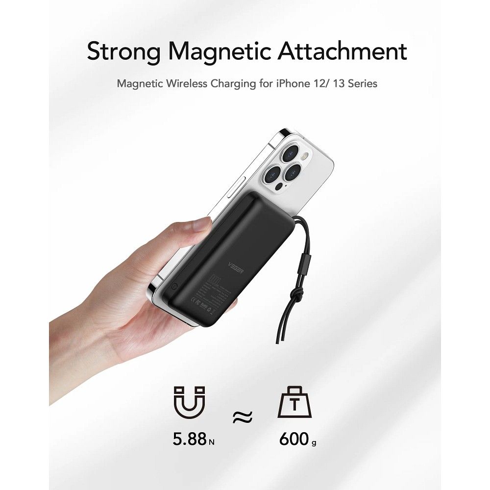 Externer Wireless-Akku Veger VP1151 / W1151, 10000mAh, 22.5W, QC + PD + FQI, 1 x QI - 1 x USB-A - 1 x USB-C, Schwarz
