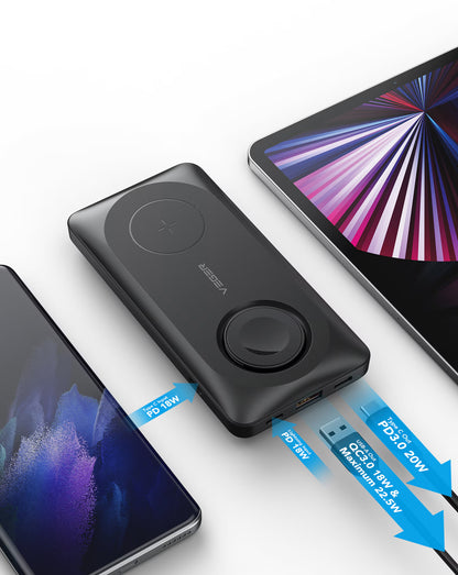 Externer Wireless-Akku Veger MagMulti W1156, 10000mAh, 22.5W, QC + PD + FQI, 2 x QI - 1 x USB-A - 1 x USB-C, Schwarz
