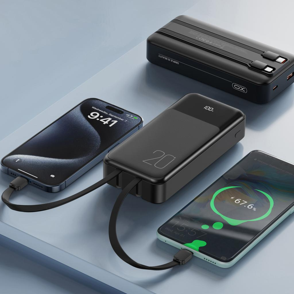 Externe Batterij XO Design PR249, 20000mAh, 22.5W, QC + PD, 1 x Lightning - 1 x USB-A - 2 x USB-C, Zwart