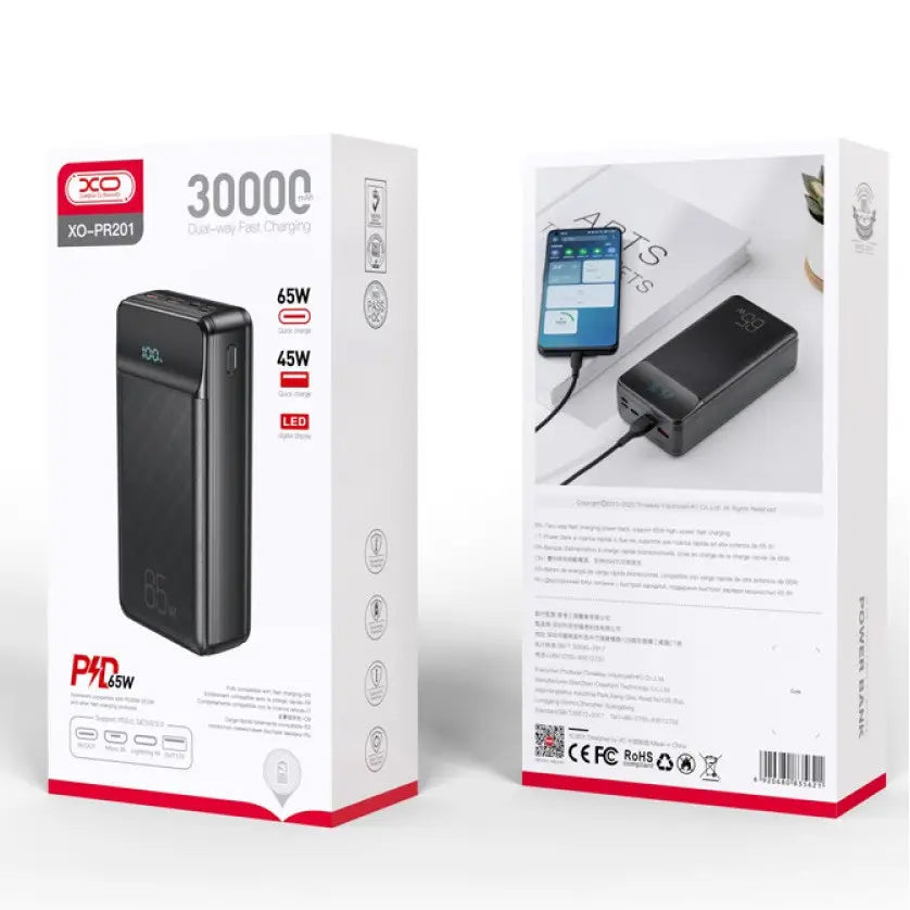 Externe Batterij XO Design PR201, 30000mAh, 65W, QC + PD, 1 x USB-C - 2 x USB-A, Zwart