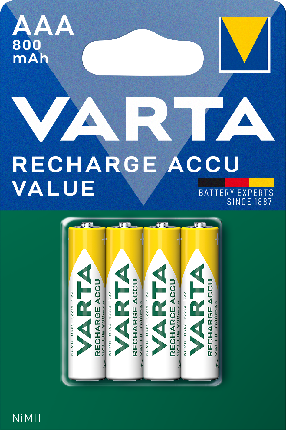 Varta Professionele Oplaadbare Batterij, AAA / LR3, 800mAh, Set van 4 stuks