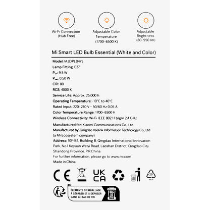 Xiaomi Ampoule LED essentielle, Wi-Fi, E27, 9W, 1700K - 6500K, 950lm BHR5743EU BHR5743EU 