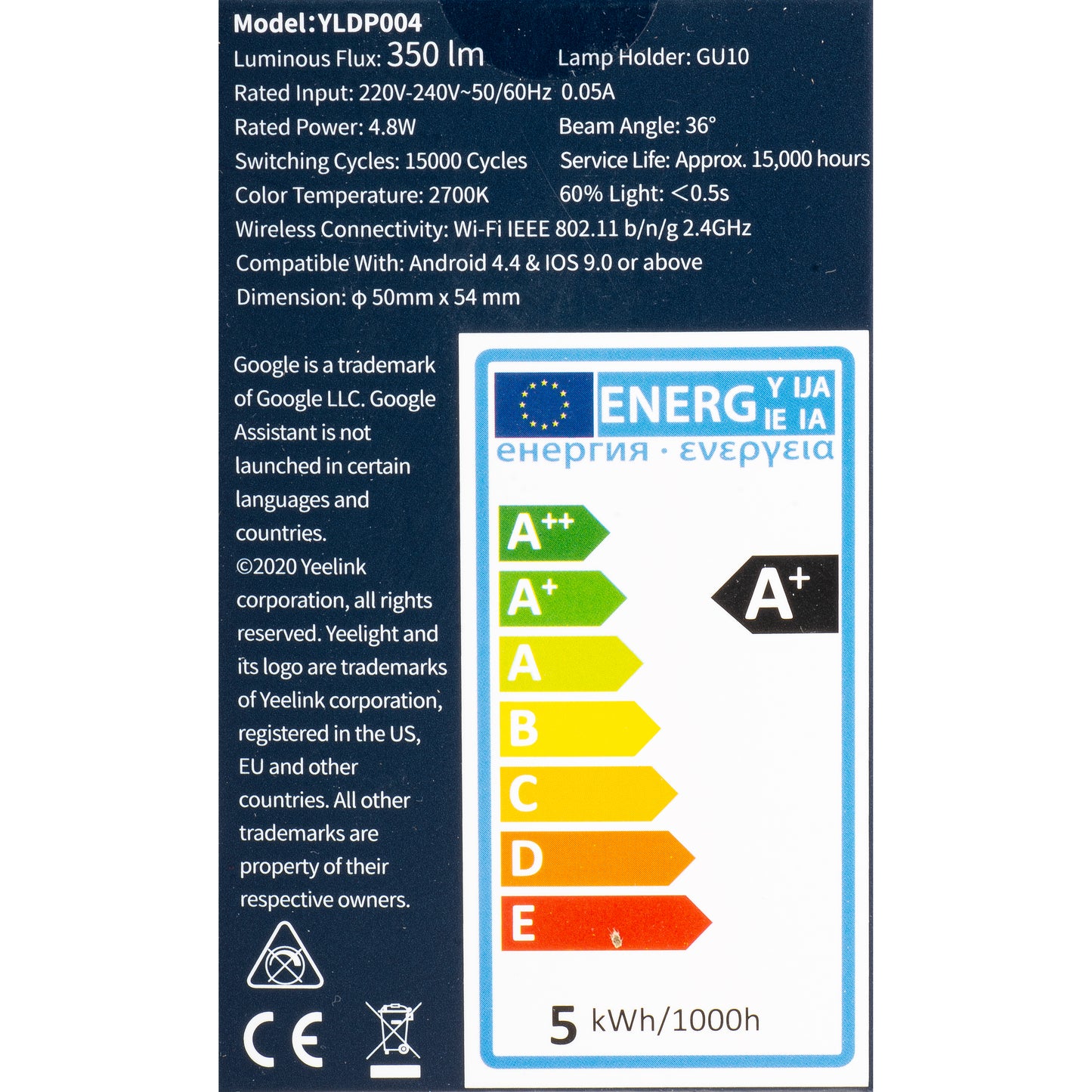 Yeelight W1 Ampoule LED, Wi-Fi, GU10, 4,8W, 2700K, 350lm, Blanc YLDP004