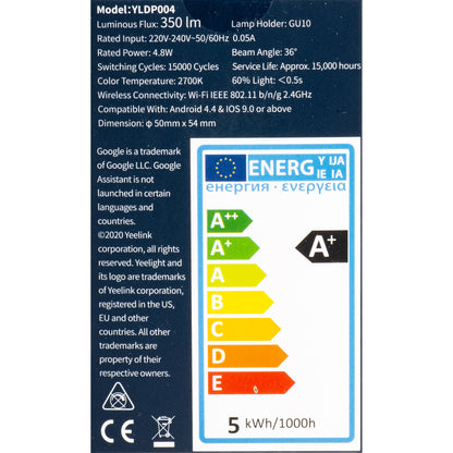 Yeelight W1 Ampoule LED, Wi-Fi, GU10, 4,8W, 2700K, 350lm, Blanc YLDP004