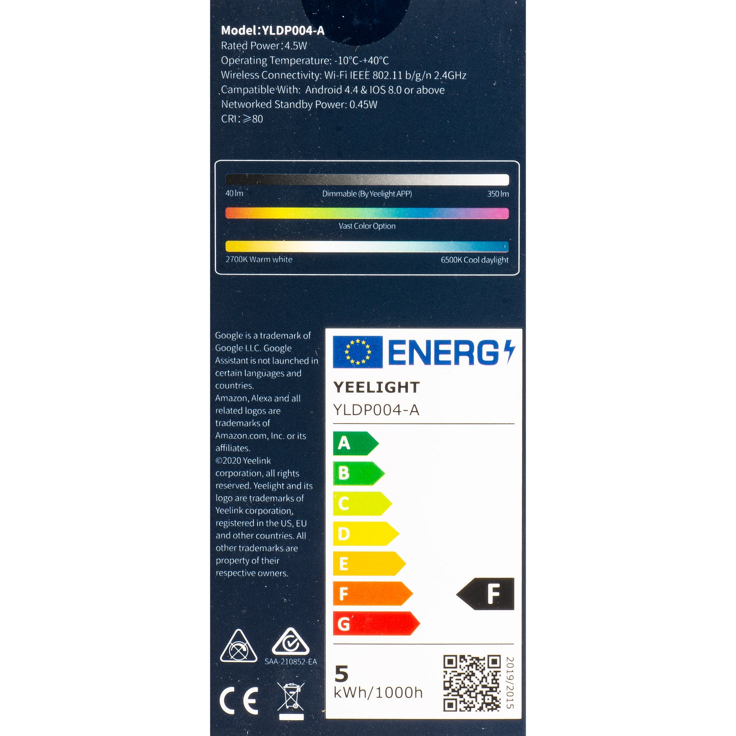 Ampoule LED Yeelight W1, Wi-Fi, GU10, 4.5W, 2700K - 6500K, 350lm, Set 4 pièces, Multicolore YLDP004-A