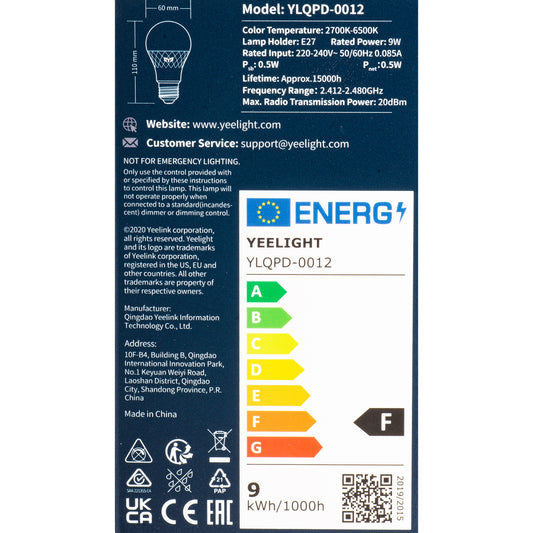 Yeelight W4 Lite LED Bulb, Wi-Fi, E27, 9W, 2700K - 6500K, 806lm, White YLQDP-0012 YLQDP-0012