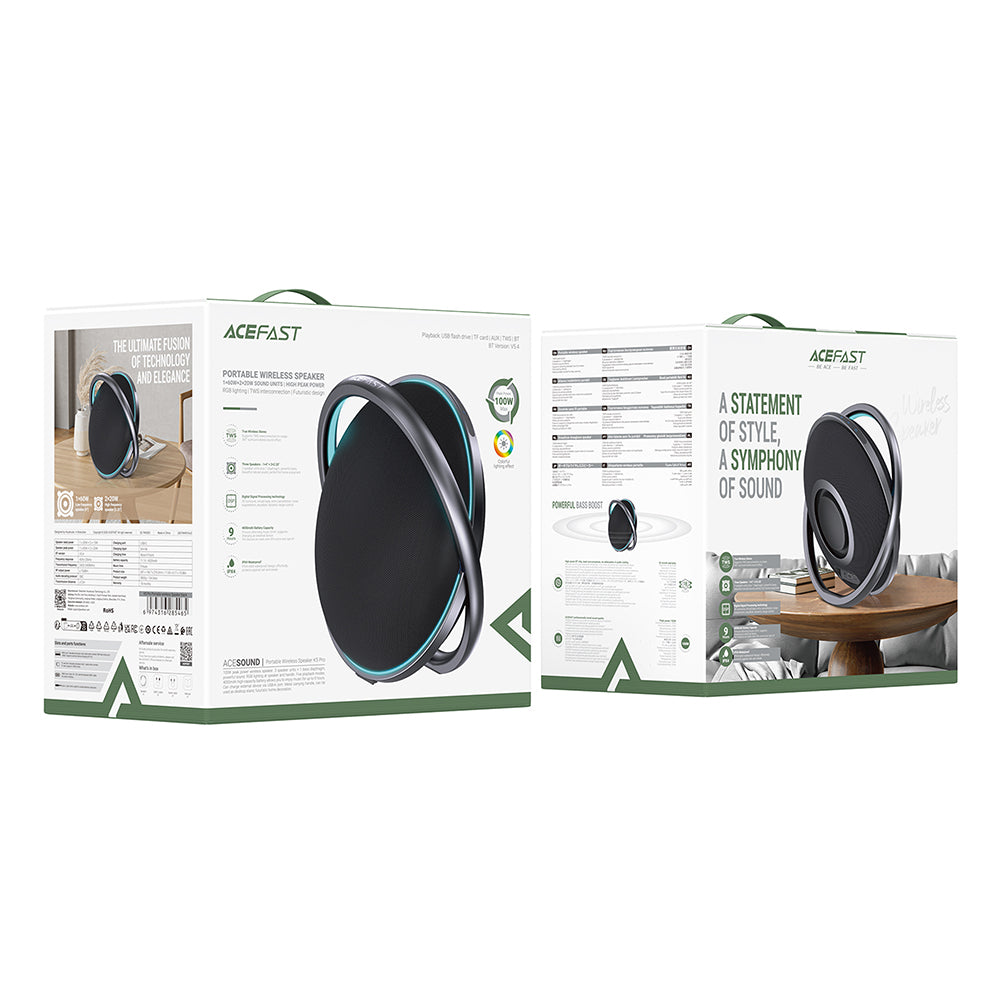 Bluetooth Speaker Acefast K5 Pro, 100W, RGB, Waterdicht, Zwart