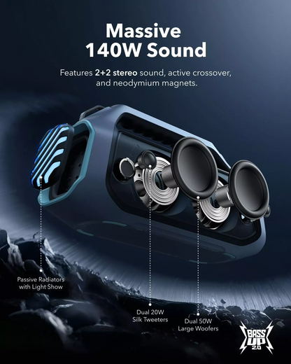 Tragbarer Bluetooth-Lautsprecher Anker SoundCore Boom 2 Plus Neue Version, 140W, TWS, RGB, wasserdicht, Blau A3134032