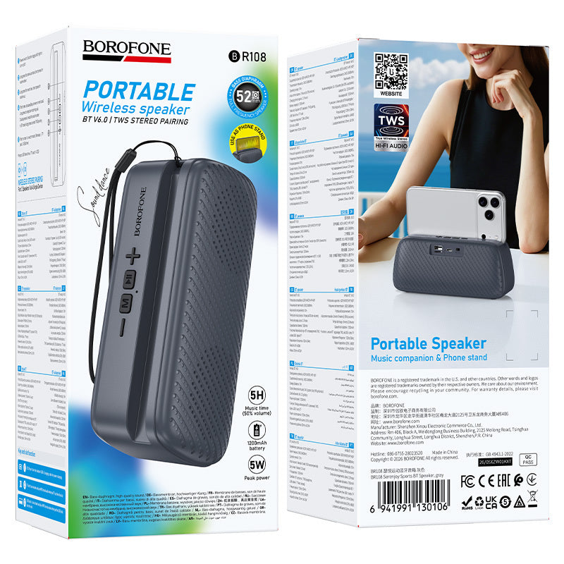 Draagbare Bluetooth-luidspreker Borofone BR108 Serenjoy, 5 W, TWS, grijs