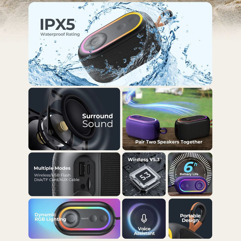 Enceinte Portable Bluetooth HAVIT SK809BT, 7W, RGB, Étanche, Mauve