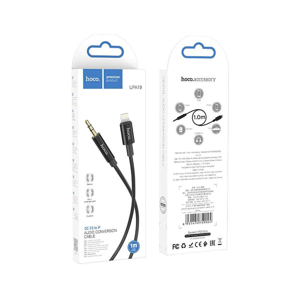 Câble audio 3.5mm - Lightning HOCO UPA19, 1m, Noir 