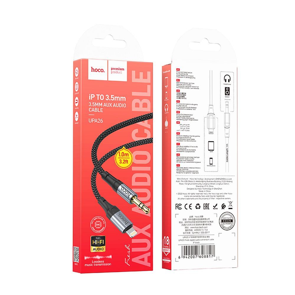 Audio Lightning-kabel - 3,5mm HOCO UPA26, 1m, Zwart