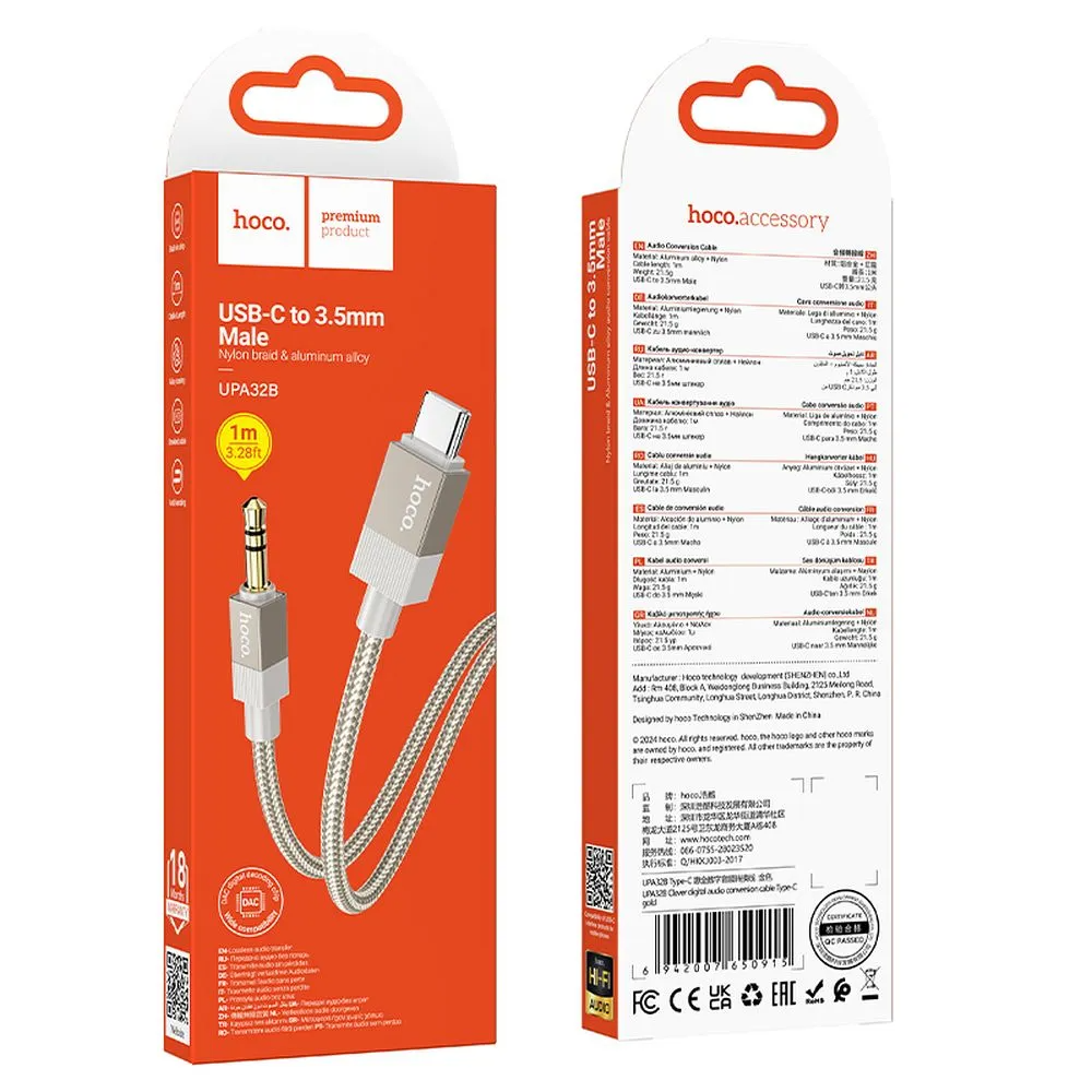 Audio-Kabel USB-C - 3,5mm HOCO UPA32B, 1m, Gold