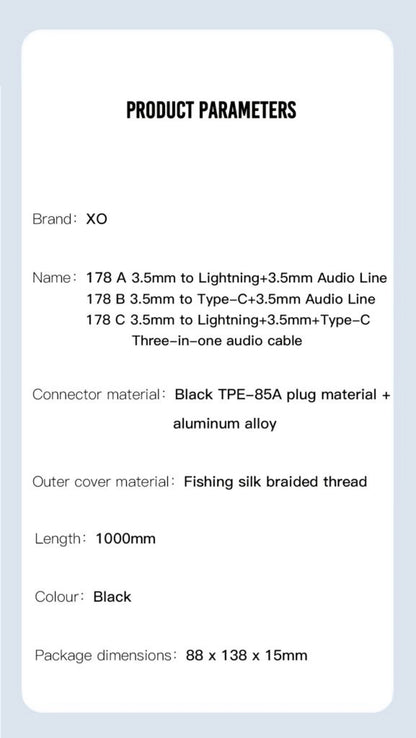 Audio Kabel USB-C / 3.5mm - 3.5mm XO Design NB178B, 1m, Zwart