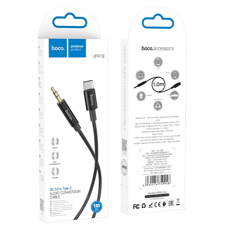Câble Audio USB-C - 3.5mm HOCO UPA19, 1m, Noir
