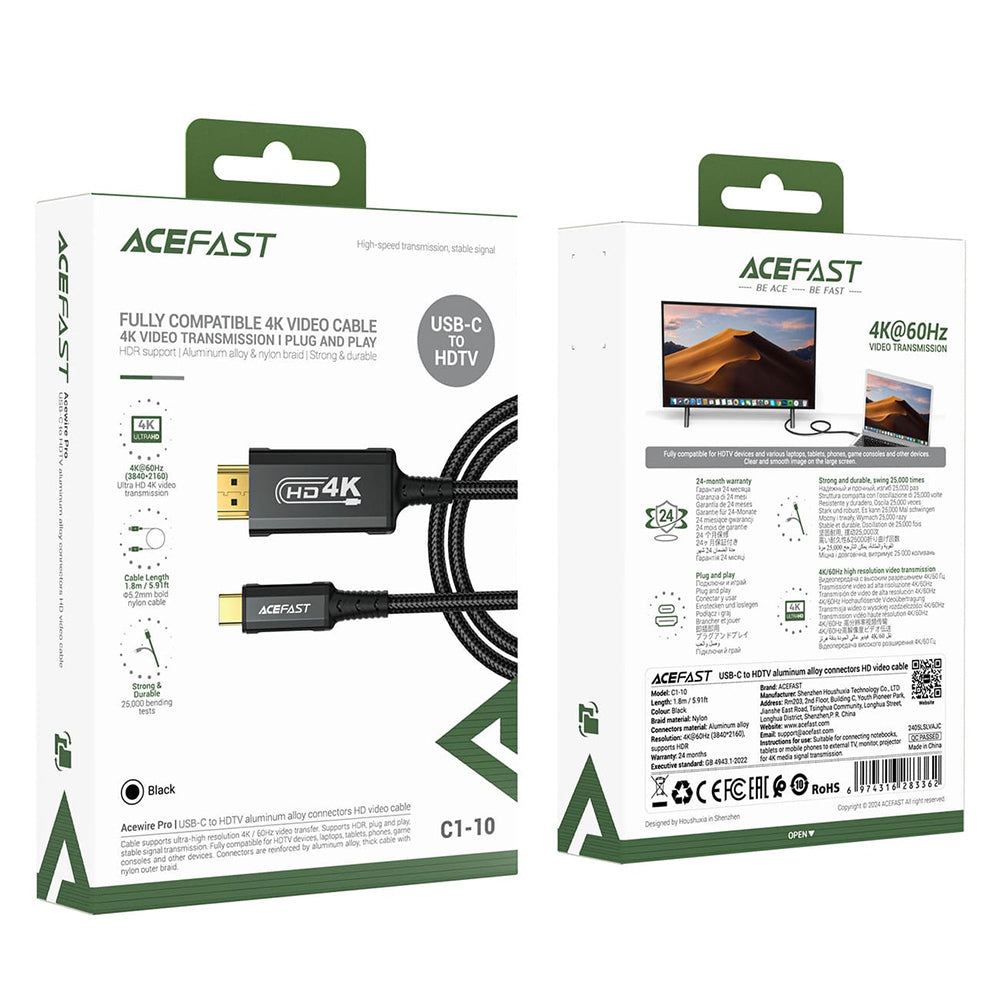 Câble Audio et Vidéo USB-C - HDMI Acefast C1-10, 1.8m, Noir