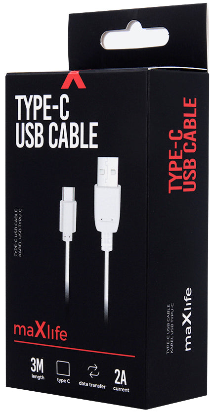 USB-A - USB-C Data- en Oplaadkabel MaXlife, 20W, 3m, Wit