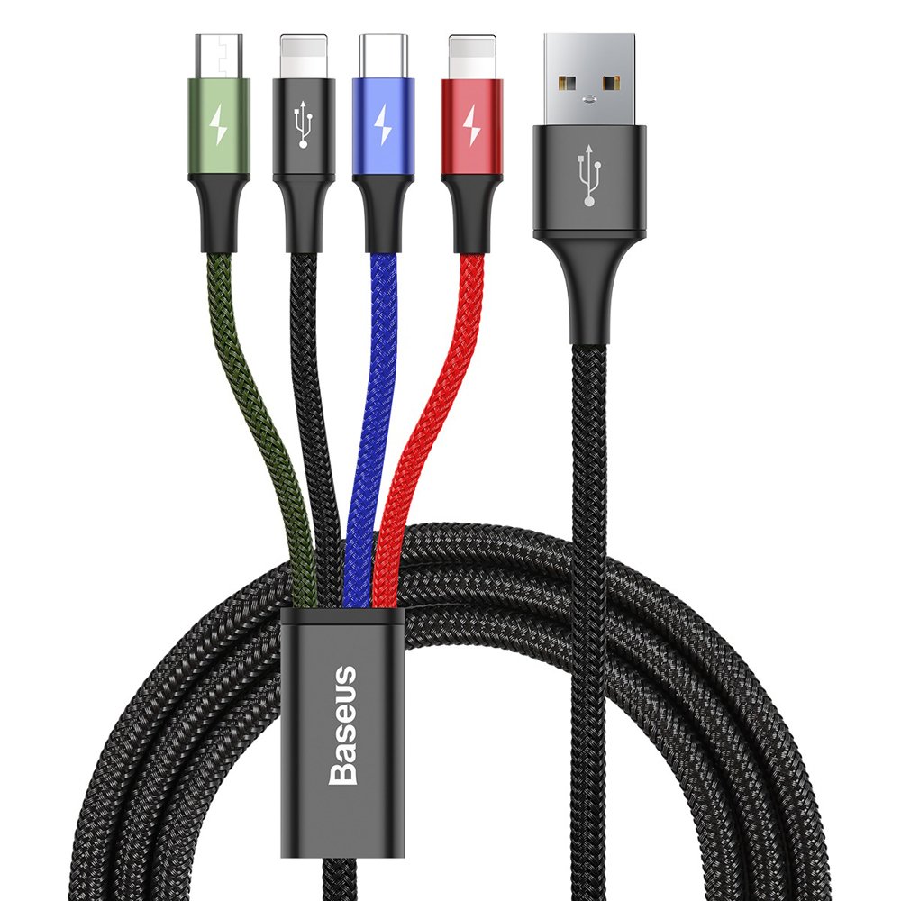 USB-A - 2 x Lightning / microUSB / USB-C Baseus Snelle 4in1 Oplaadkabel, 20W, 1,2 m, Zwart CA1T4-A01