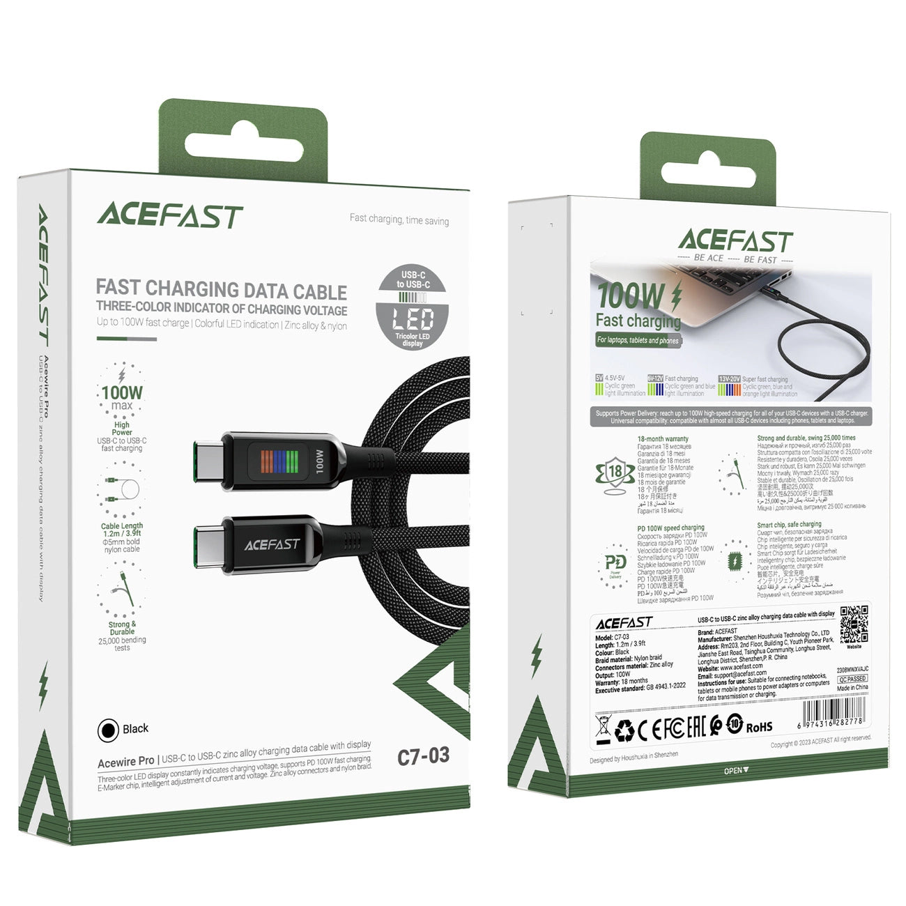 USB-C Daten- und Ladekabel - USB-C Acefast C7-03, 100W, 1,2m, Schwarz