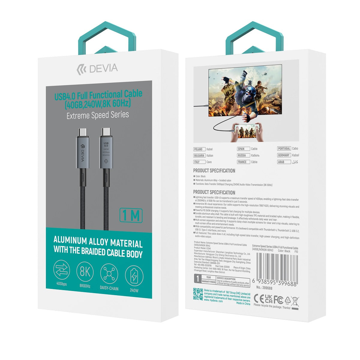 USB-C Data- en Oplaadkabel - USB-C DEVIA EC641, 240W, 1m, Zwart