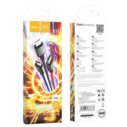 Câble de charge USB-A - Lightning / microUSB / USB-C HOCO X76 3en1, 18W, 1m, Multicolore