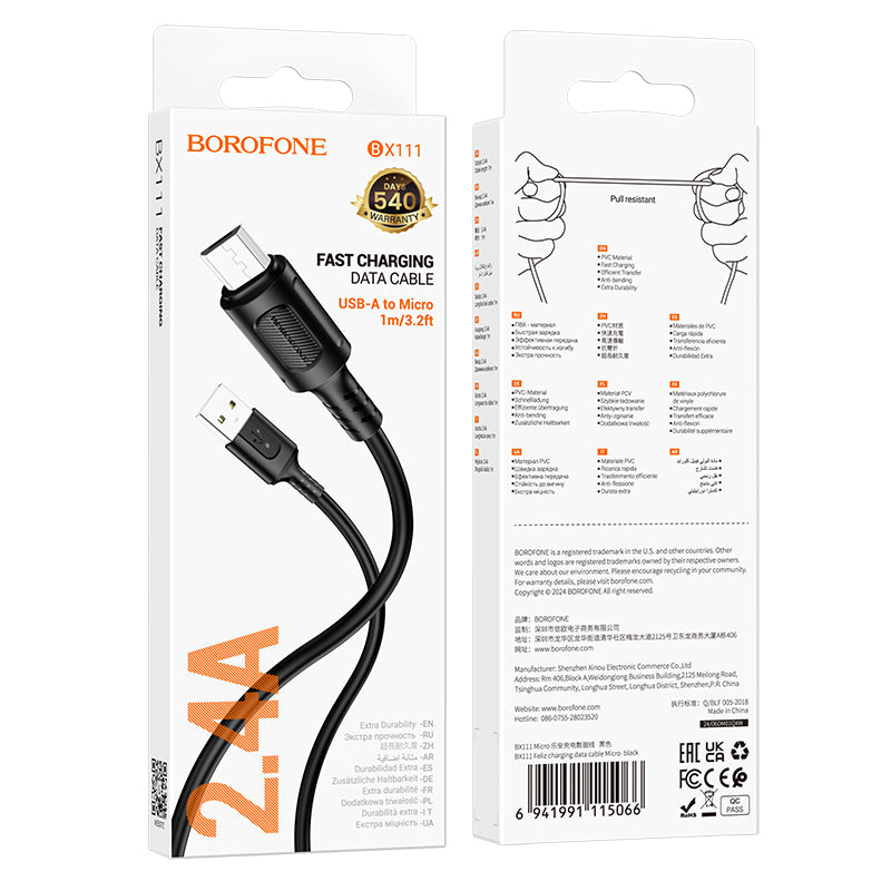 Data- en oplaadkabel USB-A - microUSB Borofone BX111 Feliz, 18W, 1m, Zwart 