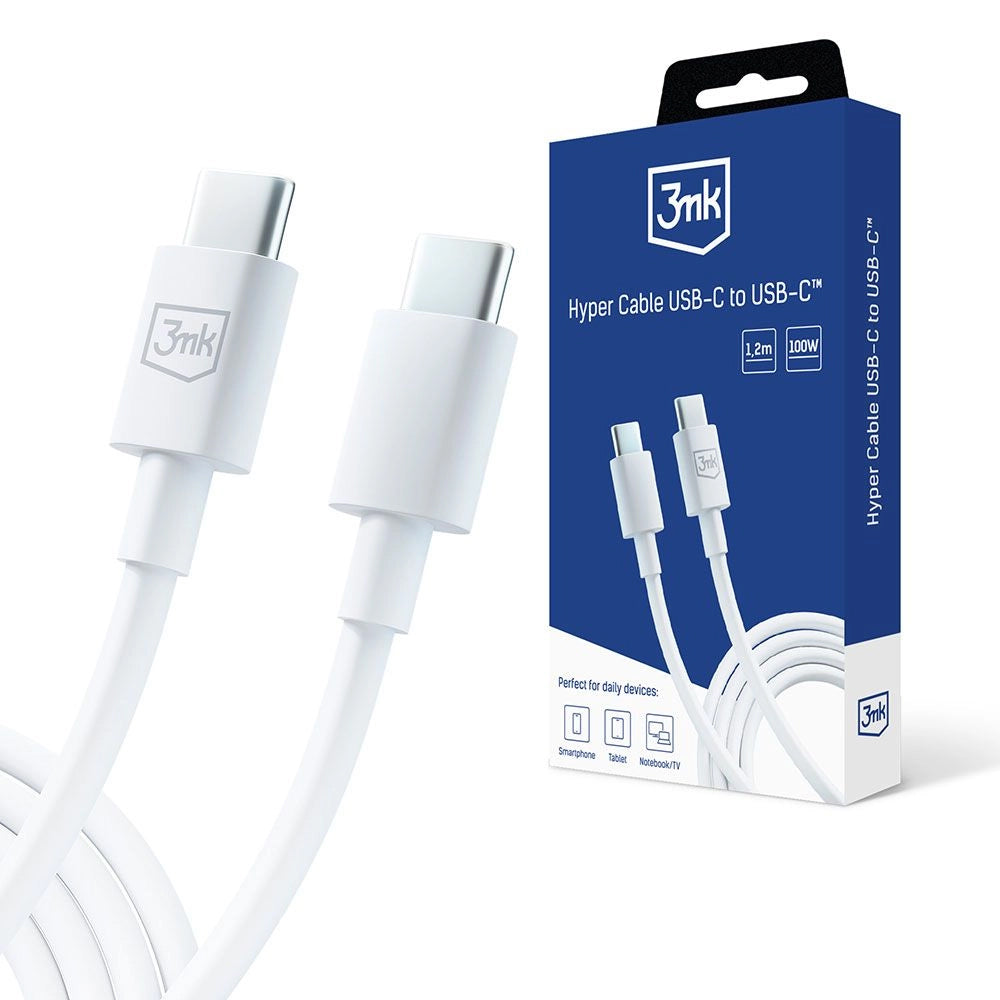 USB-C data- en oplaadkabel - USB-C 3MK Hyper, 100W, 1,2 m, wit 