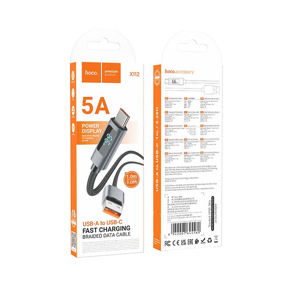 Daten- und Ladekabel USB-A - USB-C HOCO Display X112, 100W, 1m, Schwarz