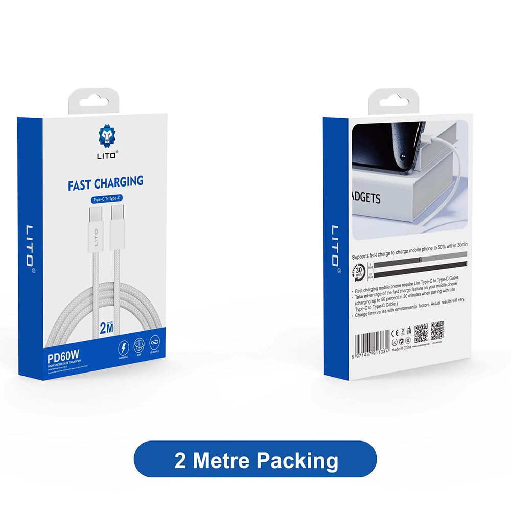 USB-C Data- en Oplaadkabel - USB-C Lito LD04CC, 60W, 2m, Wit