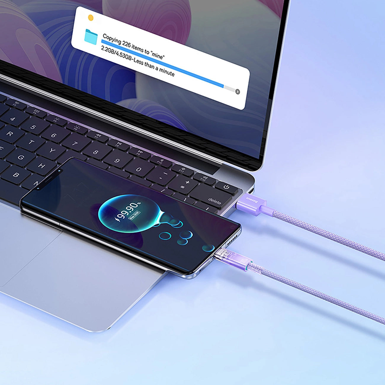 Câble de Données et de Charge USB-A - USB-C Baseus Explorer, 100W, 1m, Mauve CATS010405