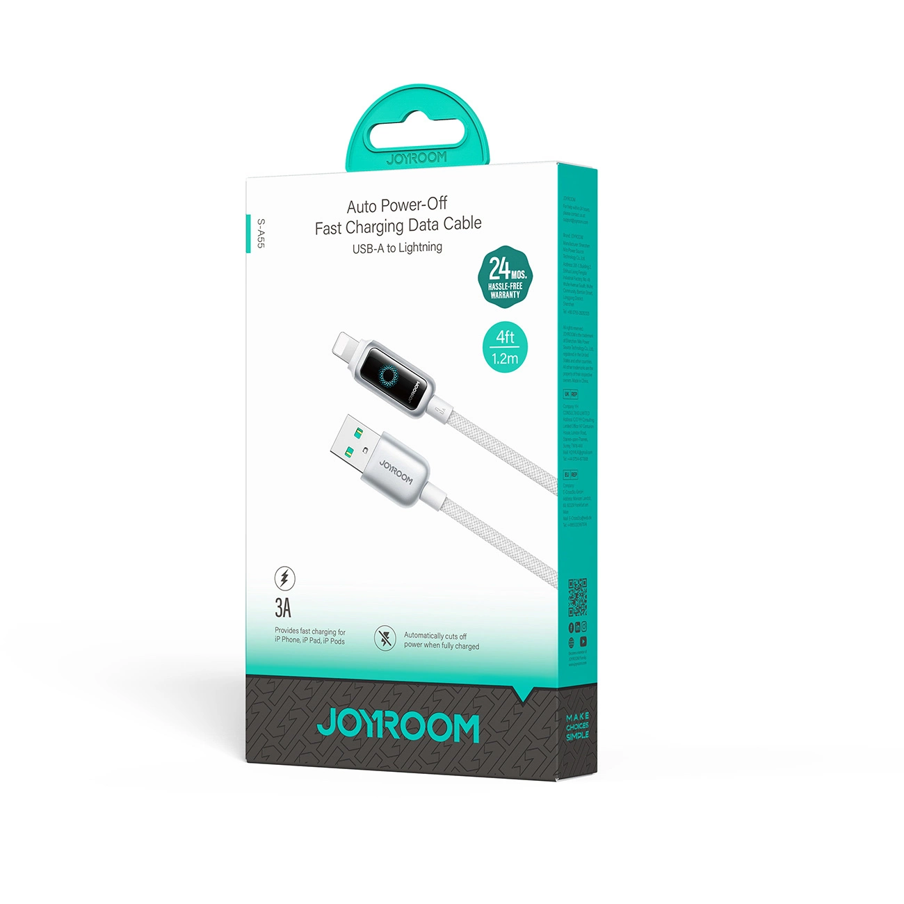 USB-A - Lightning Joyroom S-A55 StarFlight Display Data- en Oplaadkabel, 18W, 1.2m, Wit