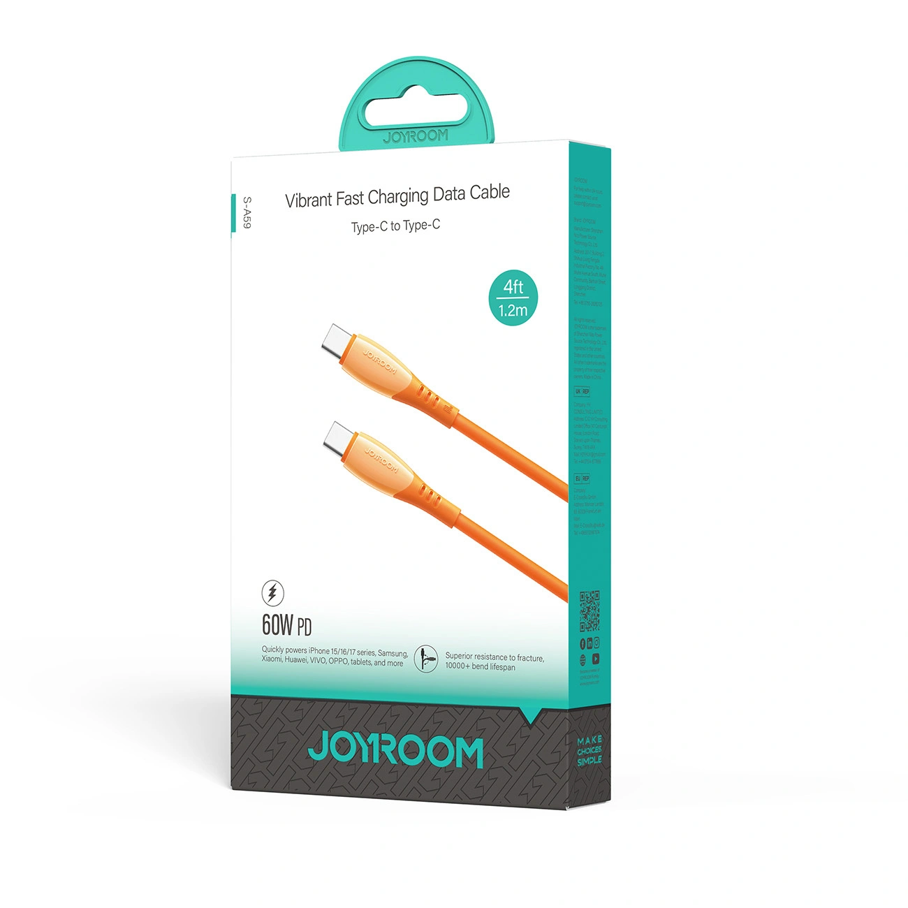 Câble de Données et de Charge USB-C - USB-C Joyroom S-A59 Vibrant, 60W, 1.2m, Orange