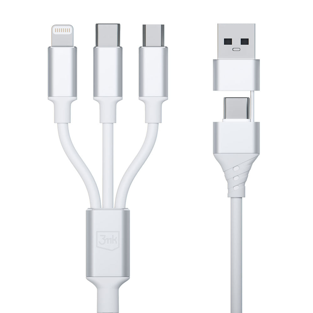 Oplaadkabel USB-A / USB-C - Lightning / microUSB / USB-C 3MK Hyper 3in1, 12W, 1,5m, Wit 