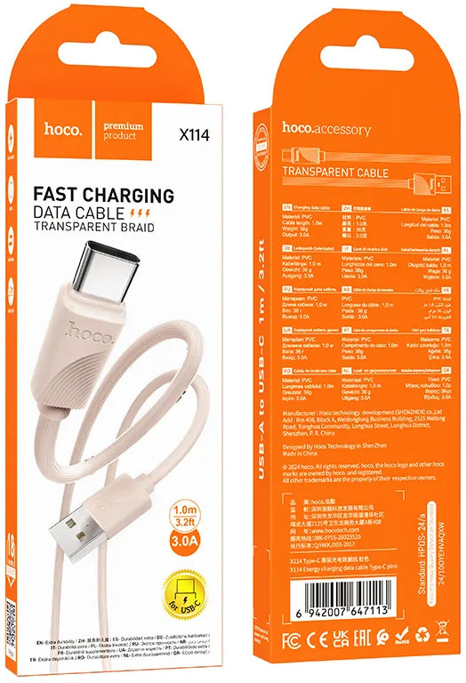 Câble de Données et de Charge USB-A - USB-C HOCO X114, 18W, 1m, Rose