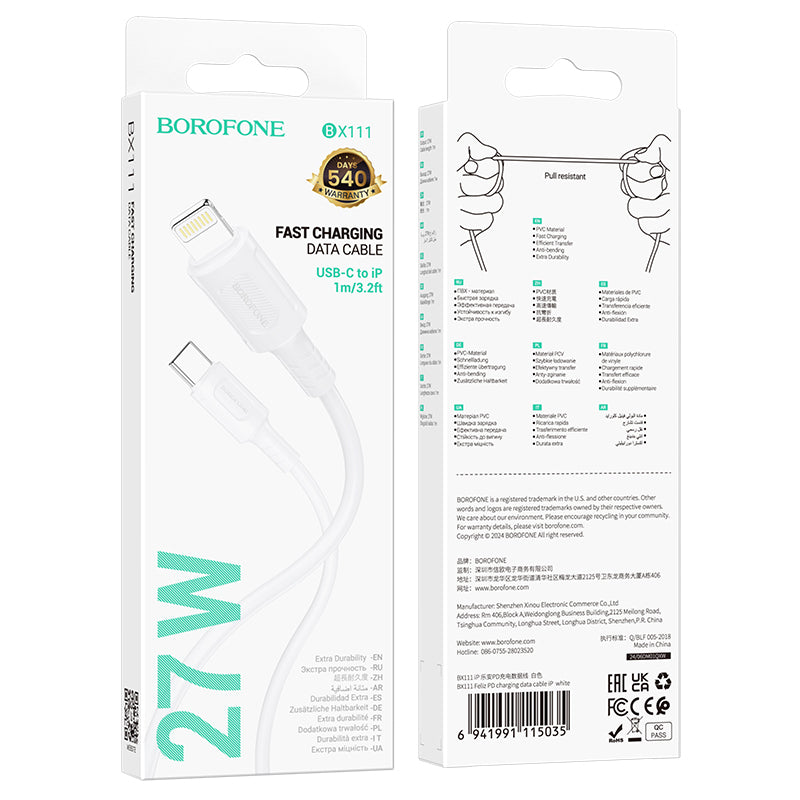 Câble de Données et de Charge USB-C - Lightning Borofone BX111 Feliz, 27W, 1m, Blanc