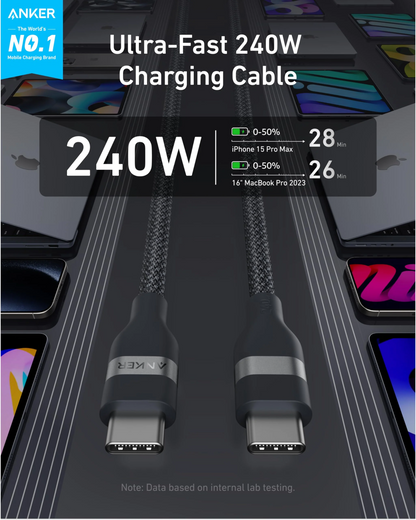 Câble de Données et de Charge USB-C - USB-C Anker, 240W, 1.8m, Noir A82E2H12