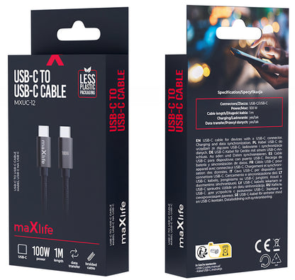 USB-C Daten- und Ladekabel - USB-C MaXlife MXUC-12, 100W, 1m, Schwarz