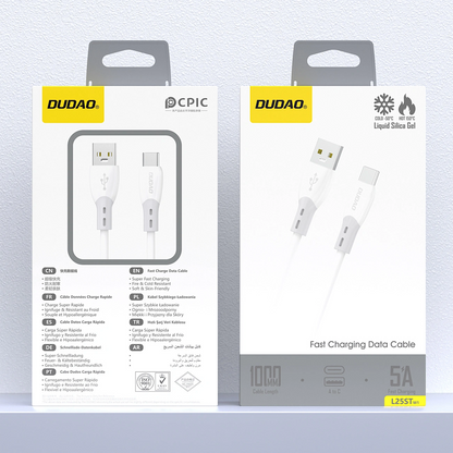 Câble de Données et de Charge USB-A - USB-C Dudao L25ST, 100W, 1m, Blanc