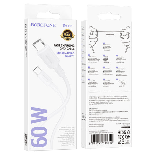 USB-C data- en oplaadkabel - USB-C Borofone BX111 Feliz, 60W, 1m, Wit 