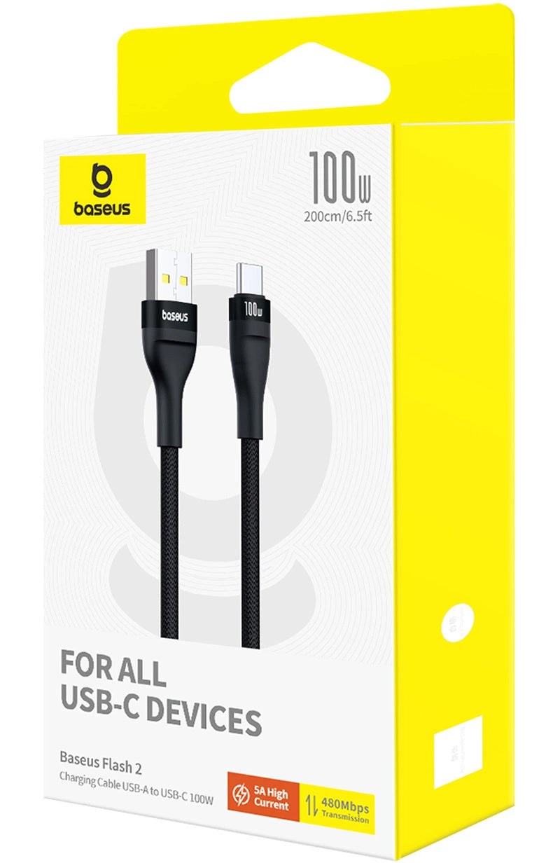 USB-A - USB-C Data- en Oplaadkabel Baseus Flash Series II, 100W, 2m, Zwart P10311804111-01