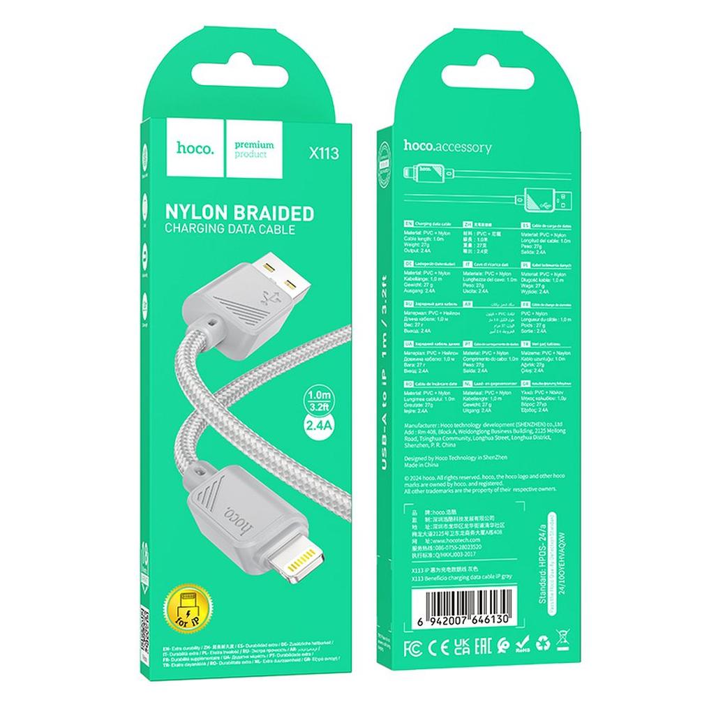 USB-A - Lightning Datakabel en Oplaadkabel HOCO X113, 18W, 1m, Grijs