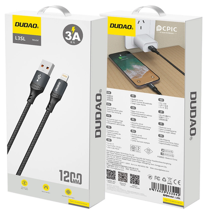 Câble de données et de charge USB-A - Lightning Dudao L3SL, 30W, 1,2m, Noir