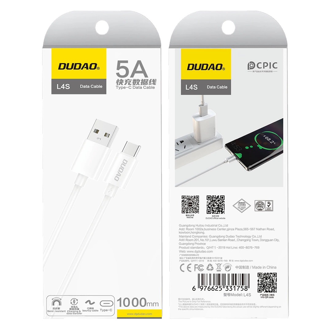 USB-A - USB-C Dudao L4ST Data- en Oplaadkabel, 100W, 1m, Wit