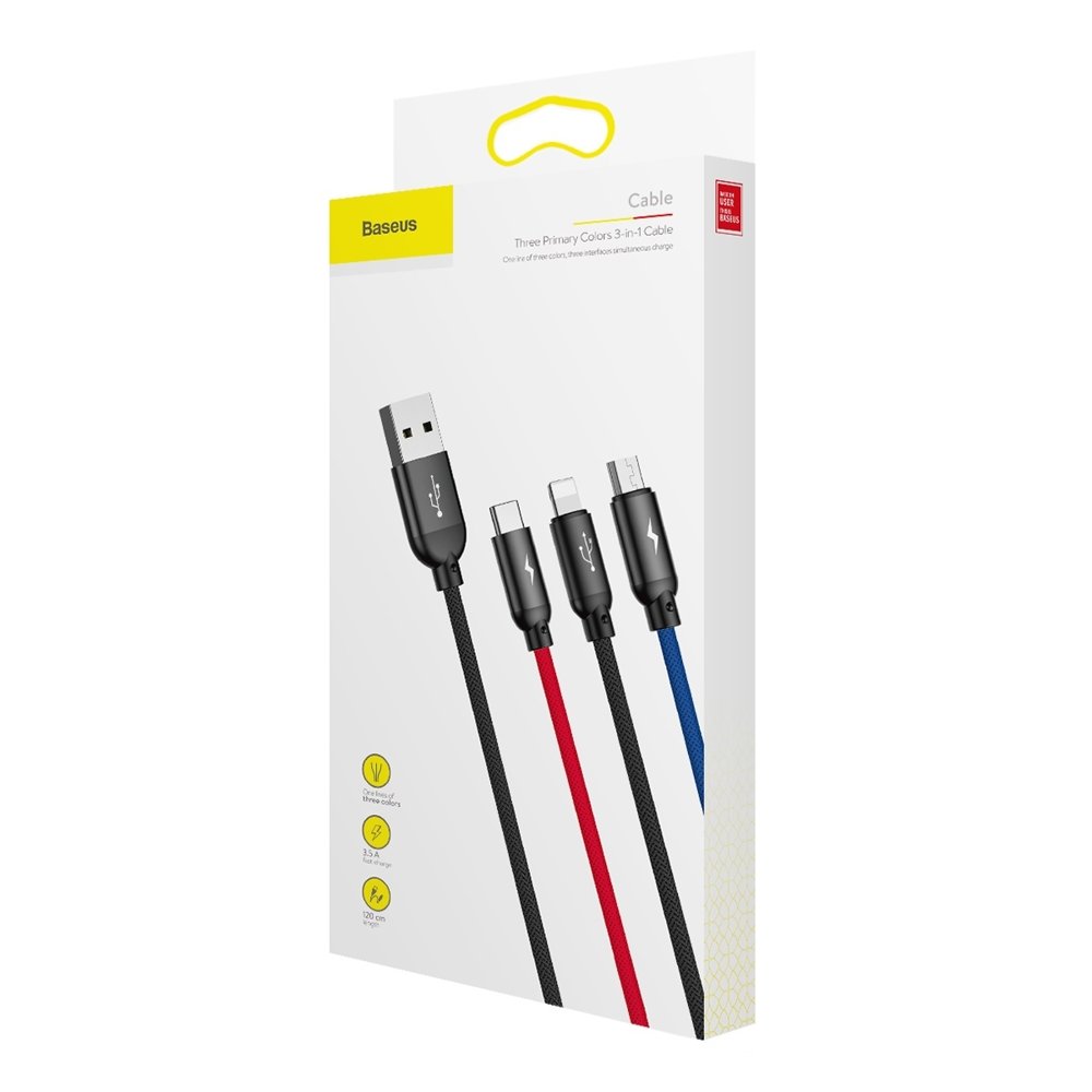 USB-A Charging Cable - Lightning / microUSB / USB-C Baseus Colors 3in1, 20W, 1.2m, Black CAMLT-BSY01