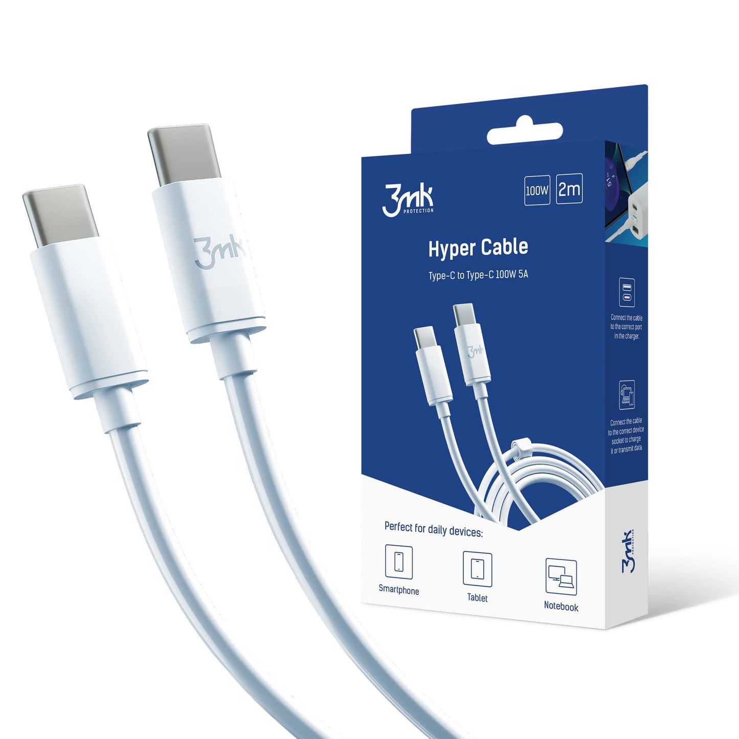 USB-C Daten- und Ladekabel - USB-C 3MK Hyper, 100W, 2m, Weiß