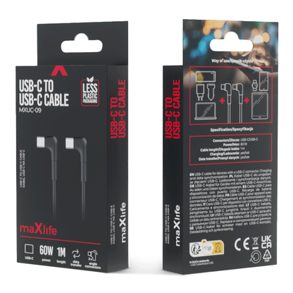 Câble de données et de charge USB-C - USB-C MaXlife MXUC-09 MXUC-09 coudé, 60W, 1m, noir 