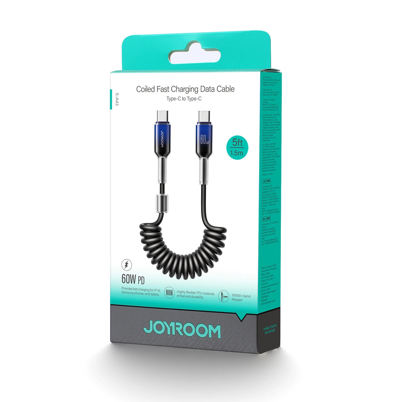 USB-C Data- en Oplaadkabel - USB-C Joyroom S-A43 Crystal, 60W, 1.5m, Zwart